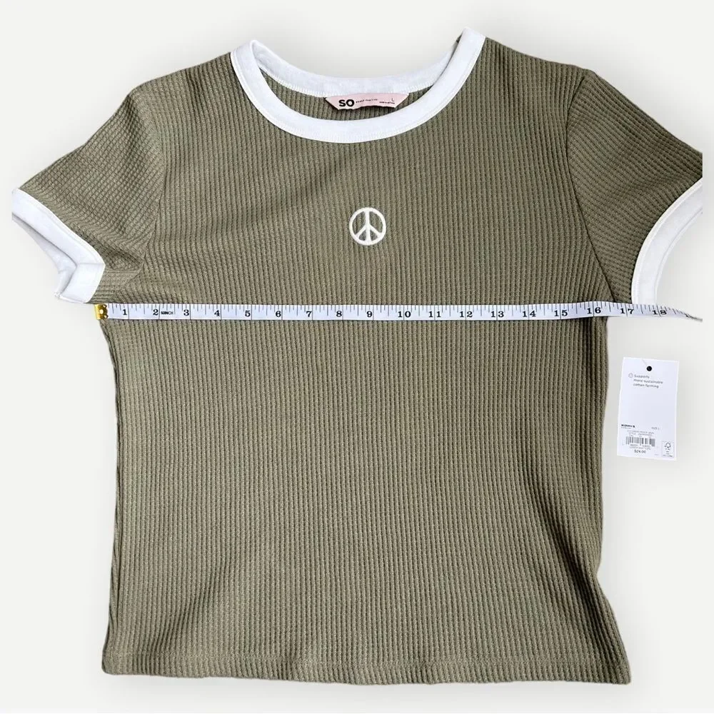 SO Girls Short Sleeve Waffle Knit Peace Sign Ringer Tee. Youth Large. NEW.
